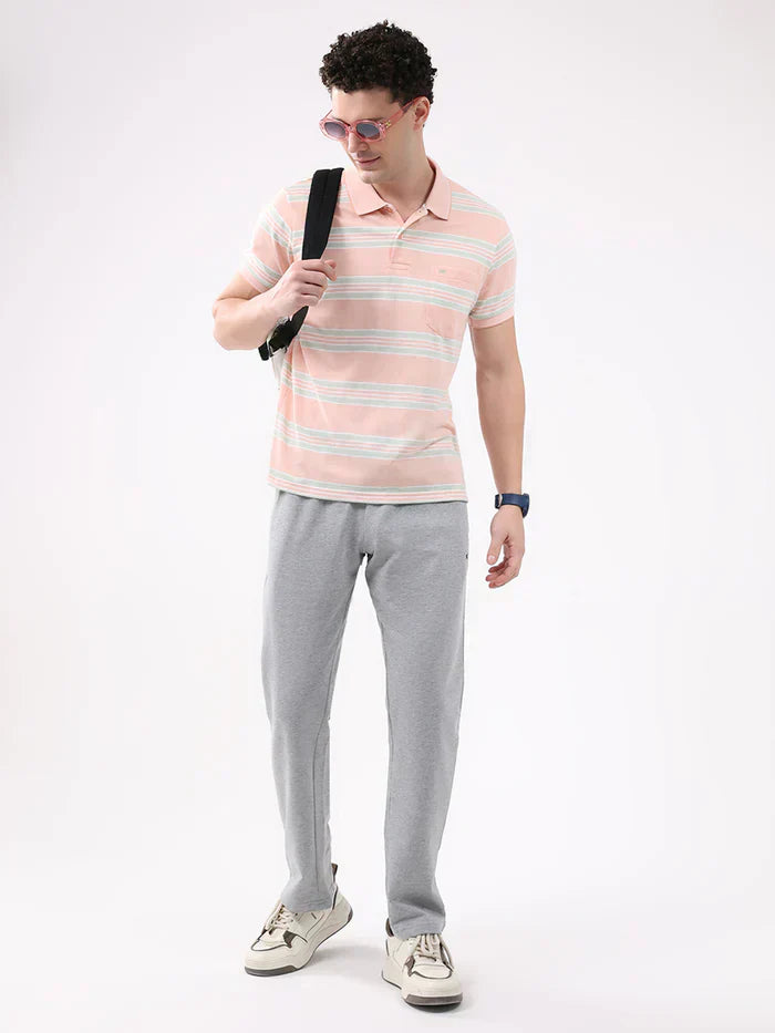 Men Peach Stripe Collar Half Sleeve T-Shirt
