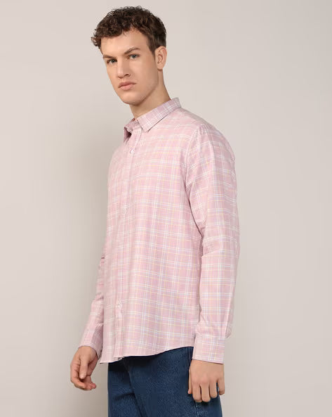 ALPHA TRIBE Men Check Slim Fit Cotton Shirt with Patch Pocket