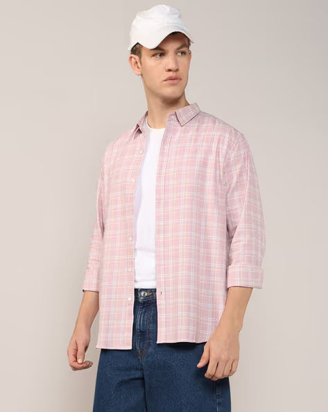 ALPHA TRIBE Men Check Slim Fit Cotton Shirt with Patch Pocket