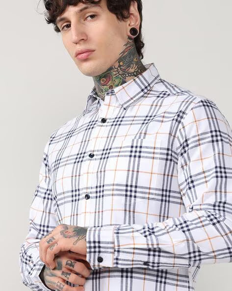 ALPHA TRIBE Men Oxford Checked Regular Fit Shirt with Patch Pocket