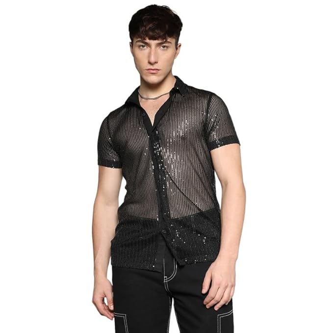 Campus Sutra Men's Polyester Fitted Pistachio Balanced Striped Shirt For Comfort, Casual Wear | Mandarin Collar | Short Sleeve | Button Closure | Shirt Crafted With Comfort Fit For Everyday Wear