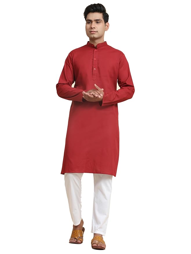 Amazon Brand - Anarva Men's Pure Cotton Solid Kurta Pajama Set Mandarin Collar Casual Yoga Dress