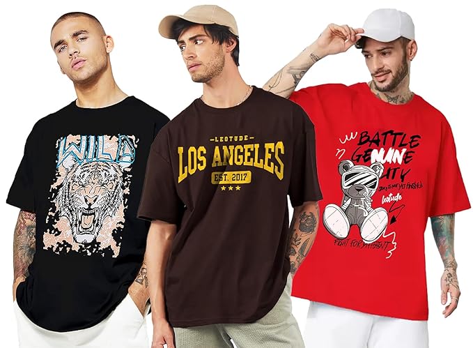 LEOTUDE Men's Cotton Oversized Fit Half Sleeve Oversized Printed T-Shirt, Round Neck Longline Drop Shoulder | ful Printed Combo T-Shirt