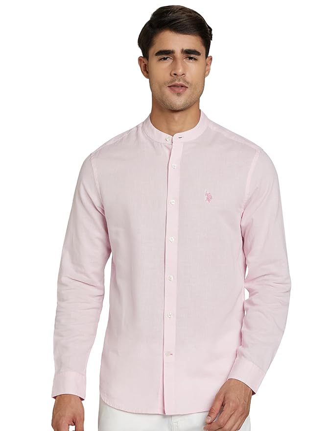 U.S. POLO ASSN. Men's Solid Cotton Linen Mandarin Collar Full Sleeve Shirts