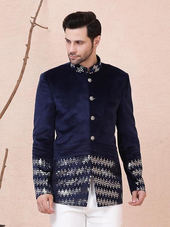 ANUP GUPTA COUTURE Men’s Navy Velvet Designer Bandhgala Set | BAND_AG5004 | Metallic Patti Embroidery | Elegant Ethnic Bandhgala for Special Occasions