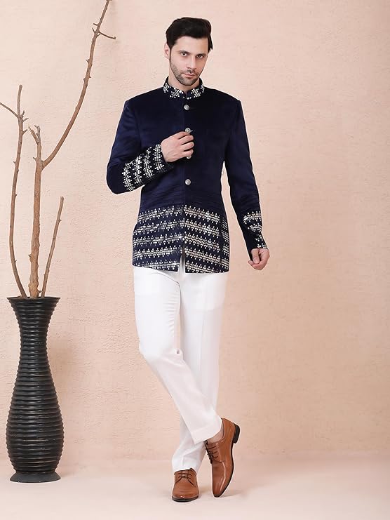 ANUP GUPTA COUTURE Men’s Navy Velvet Designer Bandhgala Set | BAND_AG5004 | Metallic Patti Embroidery | Elegant Ethnic Bandhgala for Special Occasions